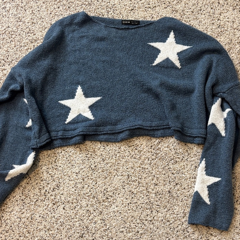 SHEIN Blue Off-the-Shoulder Sweater with White Stars
